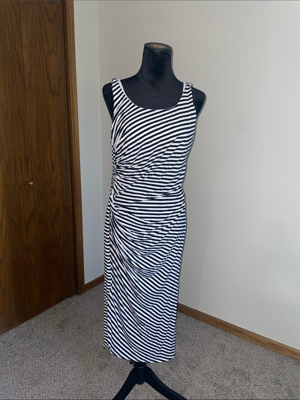 Vince Camuto Black and White Striped Sleeveless Ruched Maxi Dress